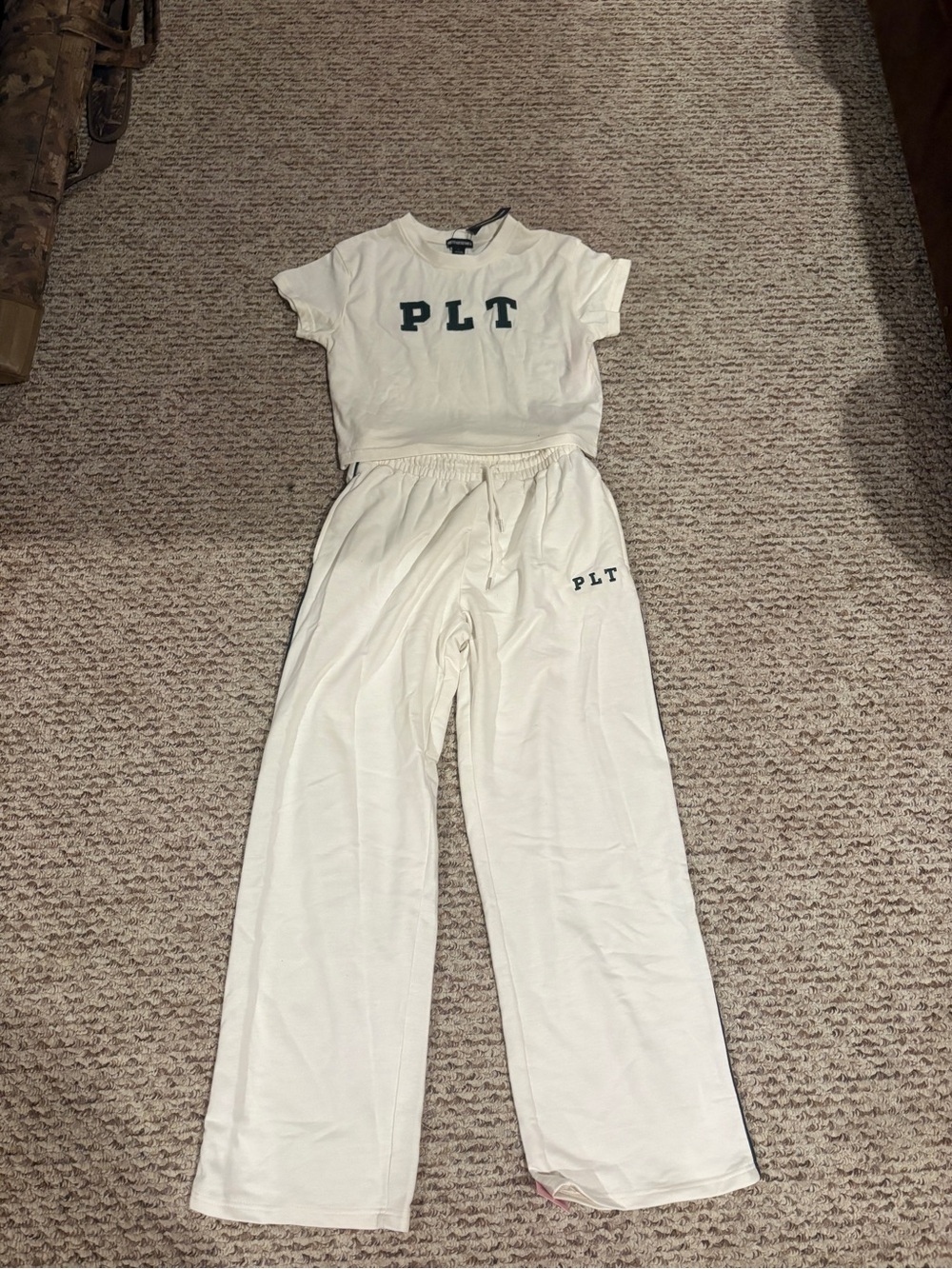 PrettyLittleThing Cream Short Sleeve Crop Top & Wide Leg Pajama Set